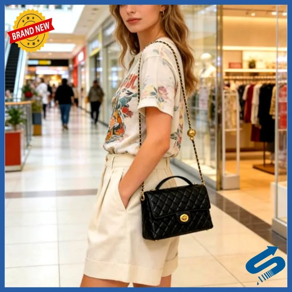 Quilted Lambskin Leather Top Handle Satchel Crossbody Bag with Twist Lock